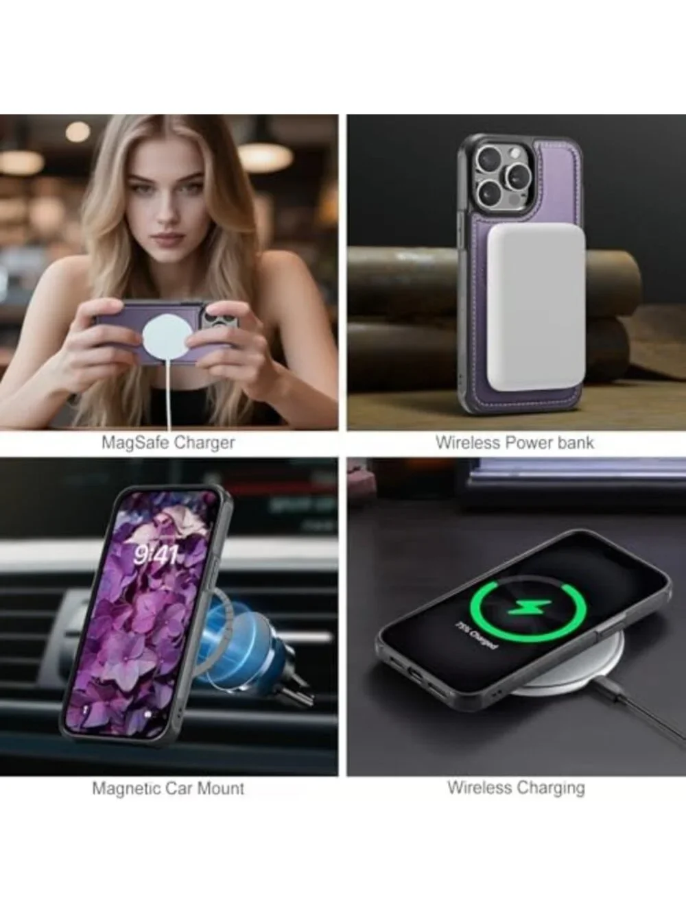 Purple Wallet Case for iPhone 15 Pro Max, MagSafe Compatible, Stylish & Durable